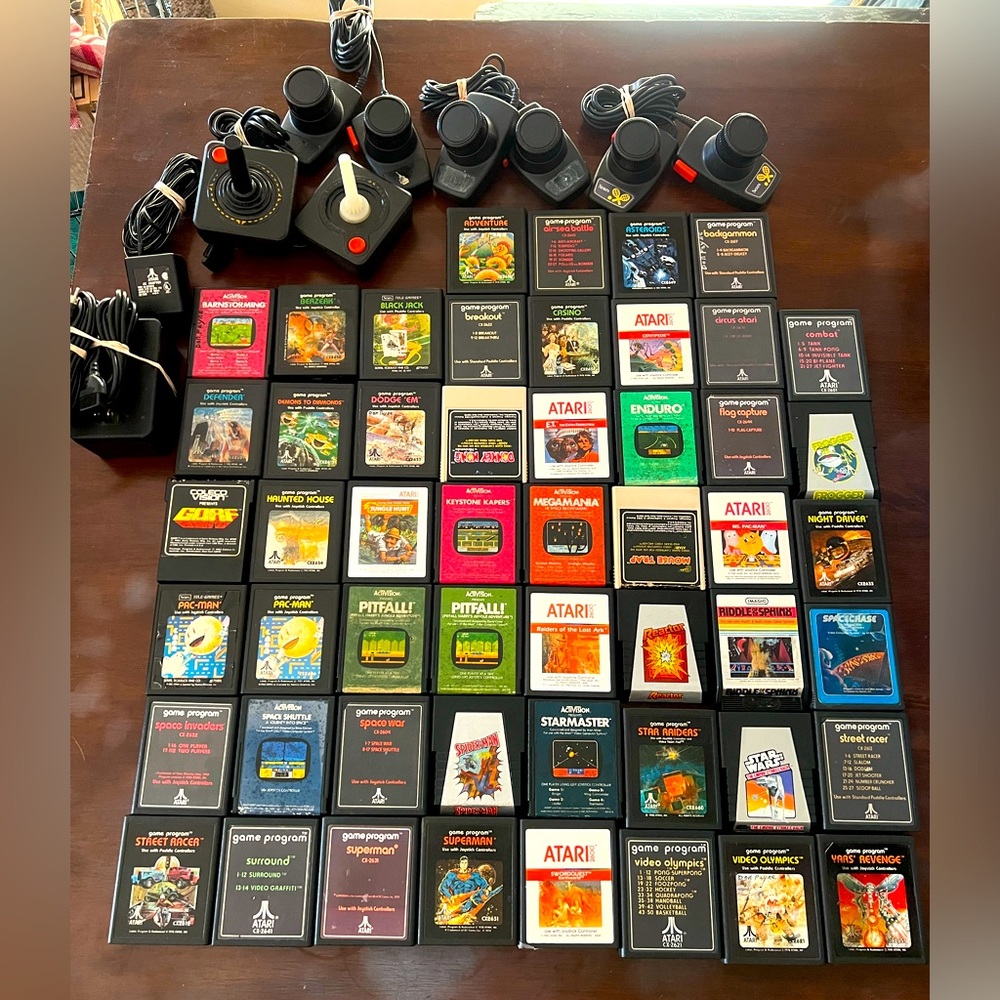 Atari video games, AC adapters, joysticks and paddles.